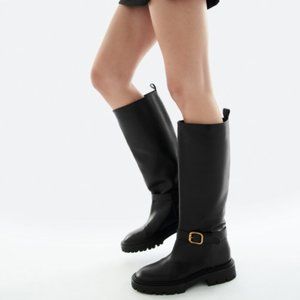 ZARA BLACK 100% LEATHER KNEE HIGH FLAT BOOTS WITH GOLD METAL BUCKLE $199